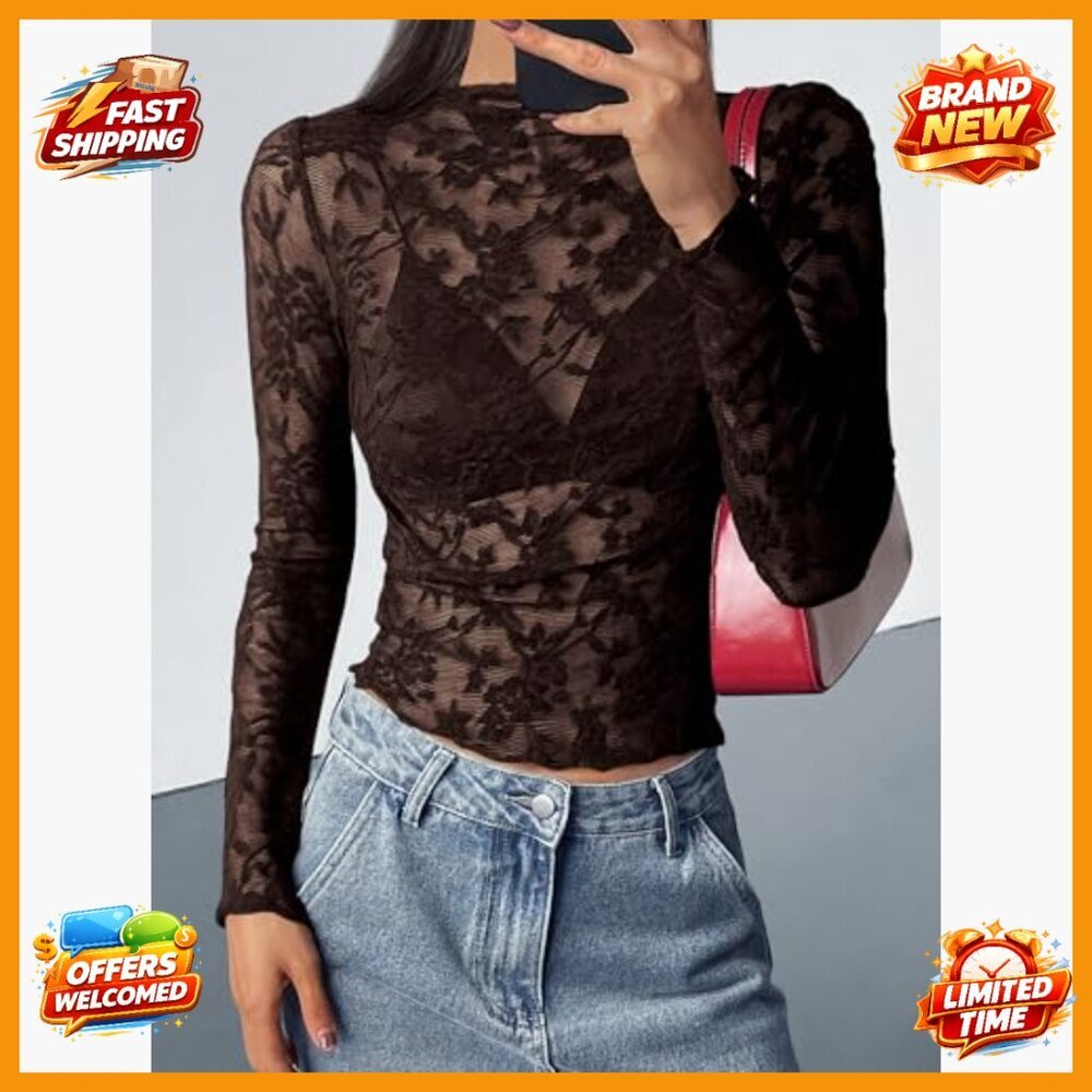 Mesh Long Sleeve Lace Top Slim Fit Crew Neck Sheer Party Club - Picture 2 of 7